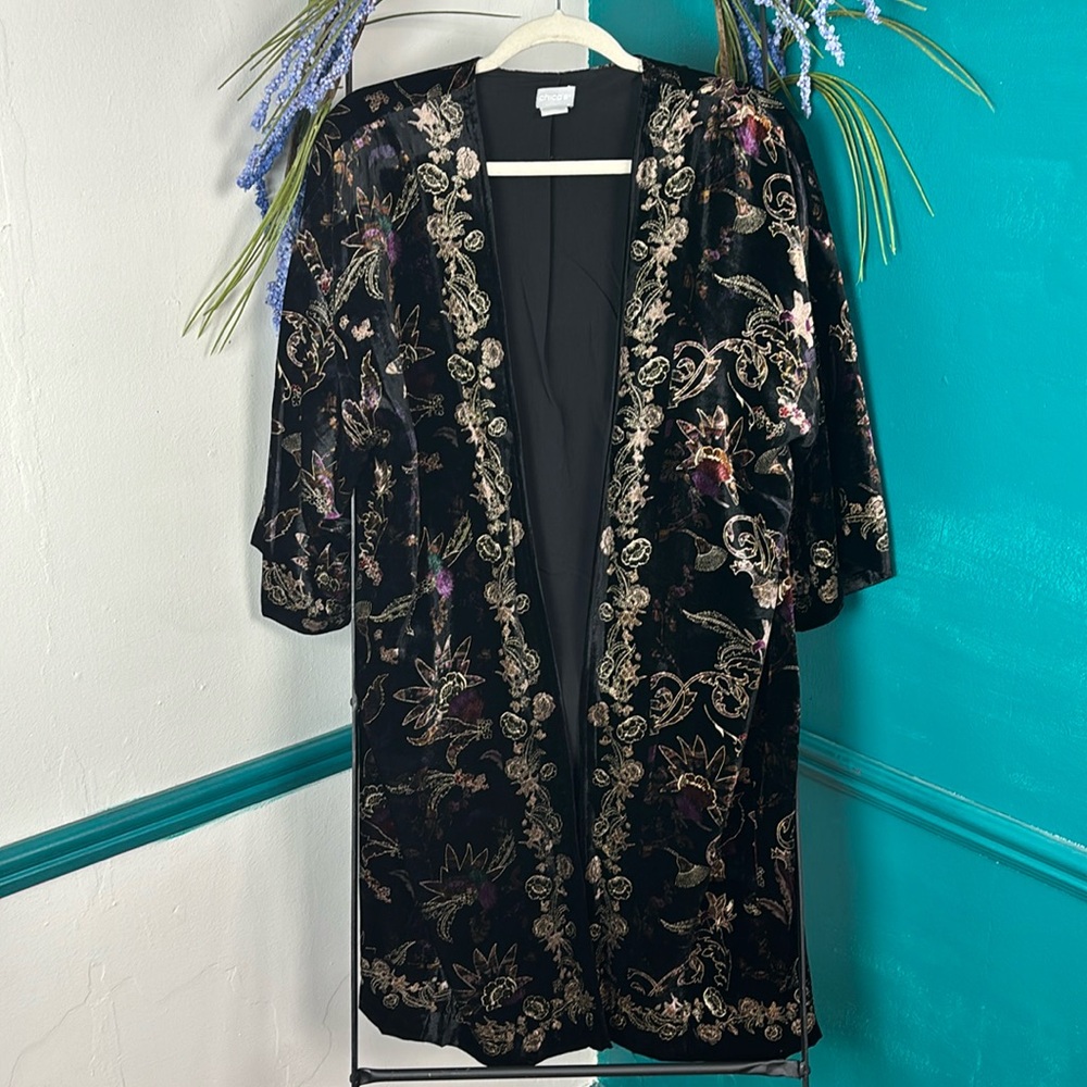 Chico's Black Crushed Velvet Jewel-Toned Floral Imprinted Oversized Boho…